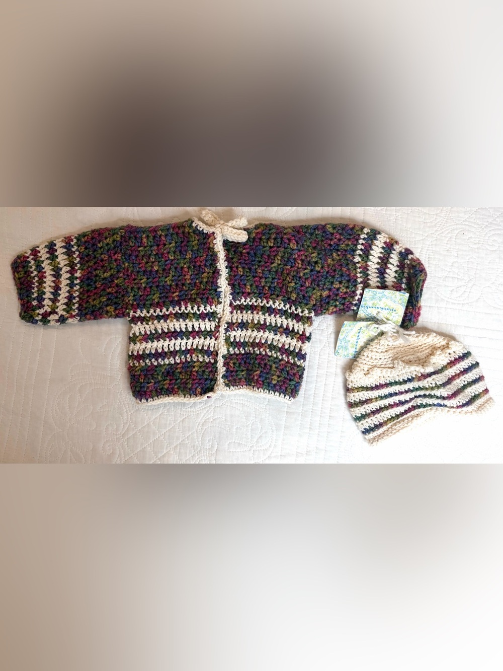 Spunkmunkin Baby Sweater & Hat Set Knit Wool Handmade Multicolor NEW 0-3 Months